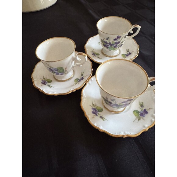 Hackefors  Swedish Porcelain Dematasse Cups and Saucers Violet Pattern set of 3 - Picture 1 of 5